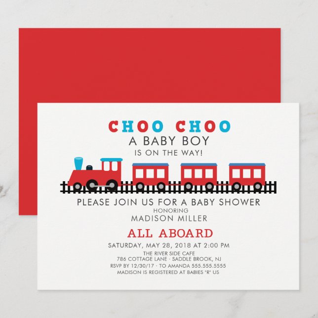 Invitación de Baby Shower CHOO CHOO Train Boys (Anverso / Reverso)