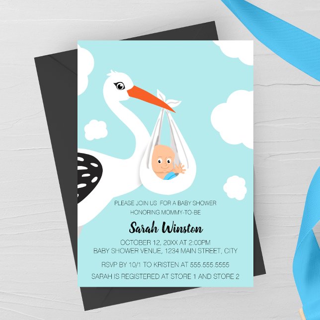 Invitación de Baby Shower Cigüeña Adorable (Cute Modern Stork Baby Shower Invitation for Boys)