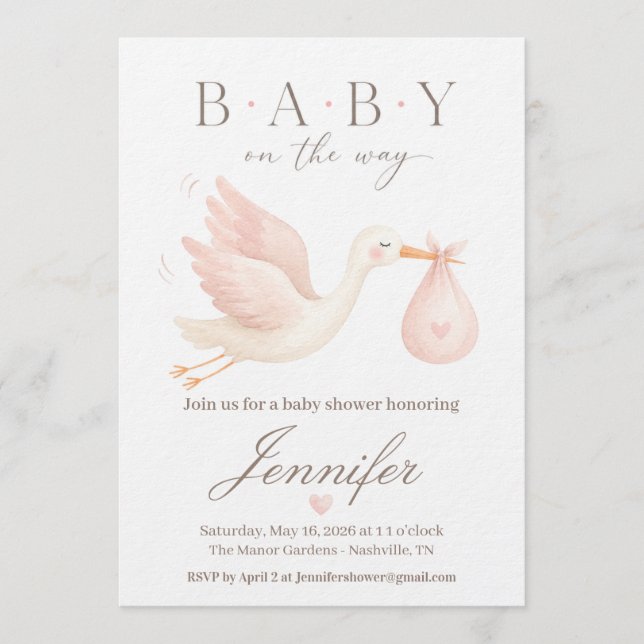 Invitación de Baby Shower Cigüeña Rosada (Anverso)