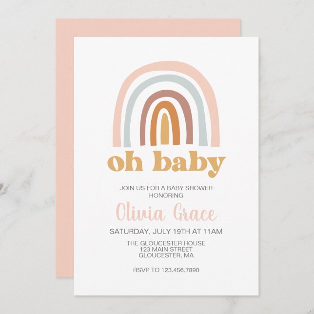 Invitación de Baby Shower color arcoiris rosa (Anverso / Reverso)