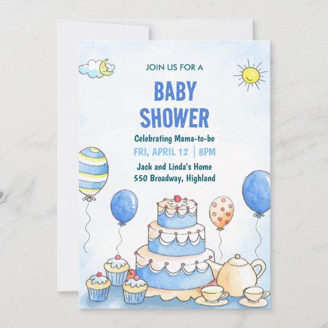 Invitación de Baby Shower con Acuarela Azul (Anverso)