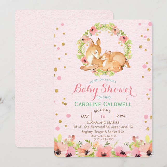 Invitación de Baby Shower con Acuarela Floral de C (Anverso / Reverso)