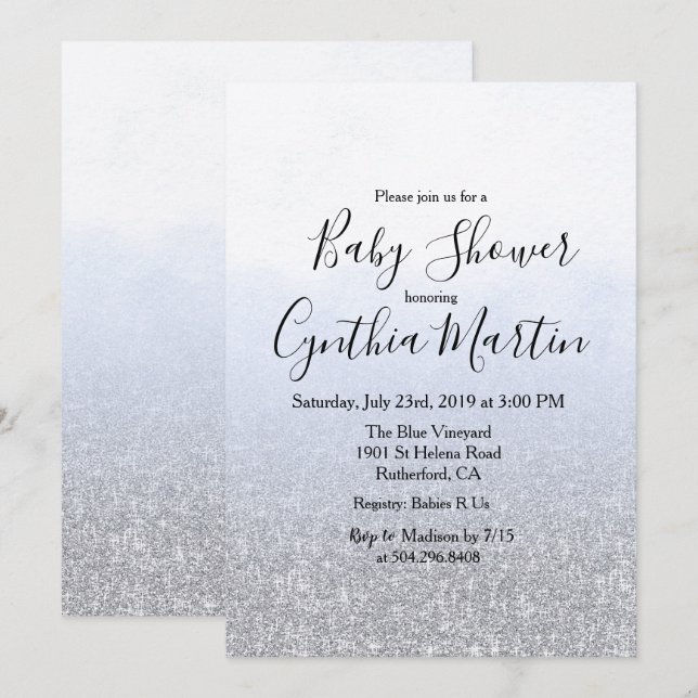 Invitación de Baby Shower con Acuarela Gris Azul (Anverso / Reverso)