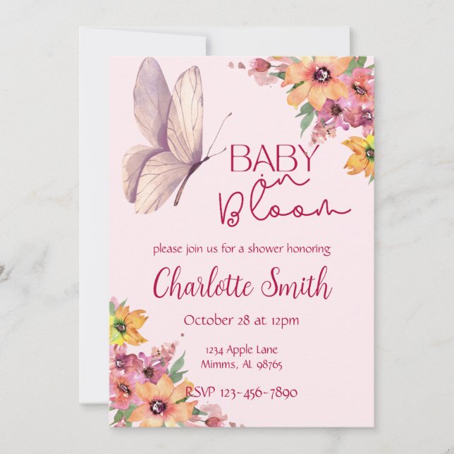 Invitación de Baby Shower con Acuarela Rosa (Anverso)