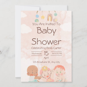 Invitación de baby shower con acuarela rosa y marr