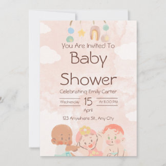 Invitación de baby shower con acuarela rosa y marr