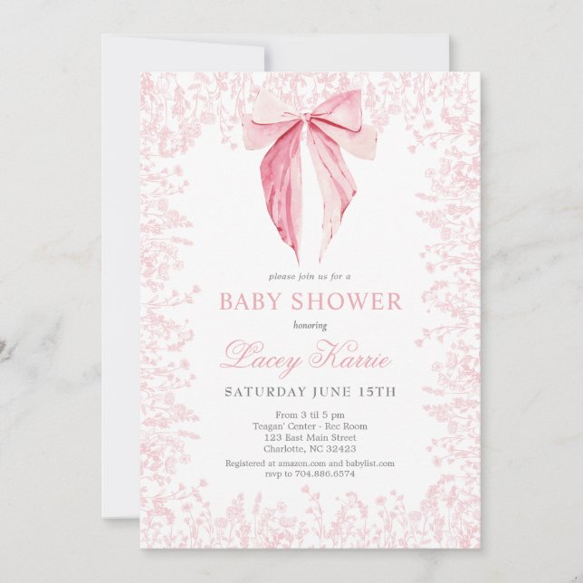 invitación de Baby Shower con arco rosa (Anverso)