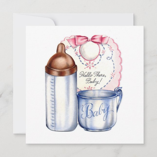 invitación de baby shower con babero, biberón y ta (Anverso)
