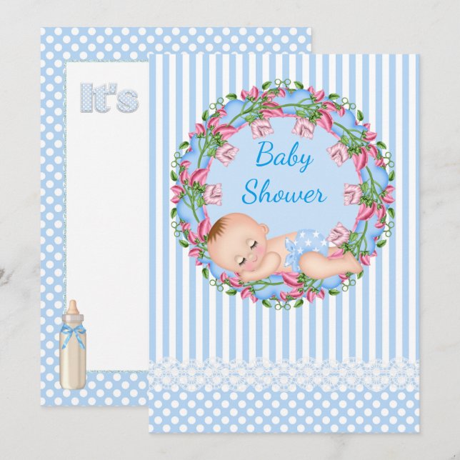 Invitación de Baby Shower con banda azul con sueño (Anverso / Reverso)