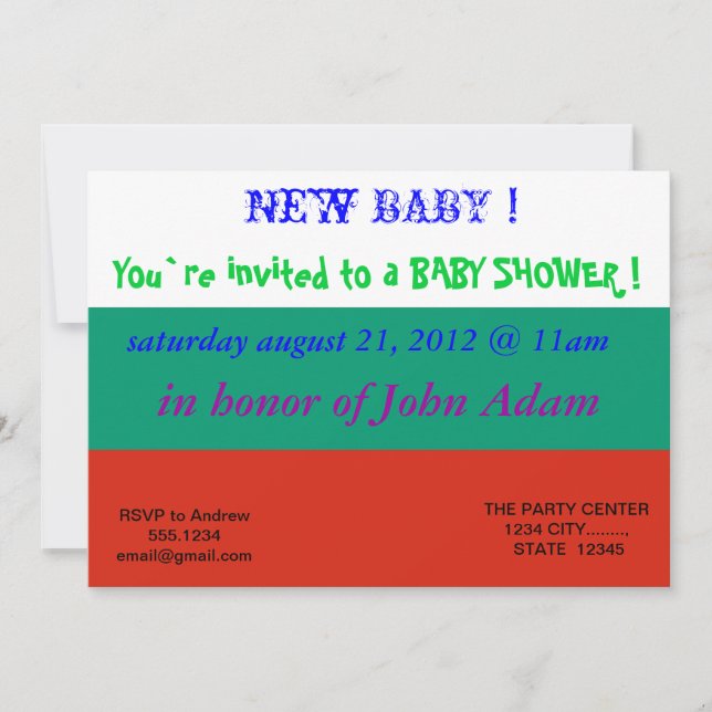 Invitación de Baby Shower con bandera de Bulgaria (Anverso)