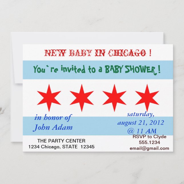 Invitación de Baby Shower con bandera de Chicago (Anverso)
