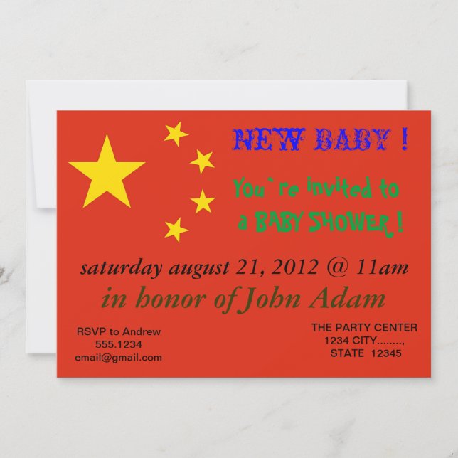 Invitación de Baby Shower con bandera de China (Anverso)