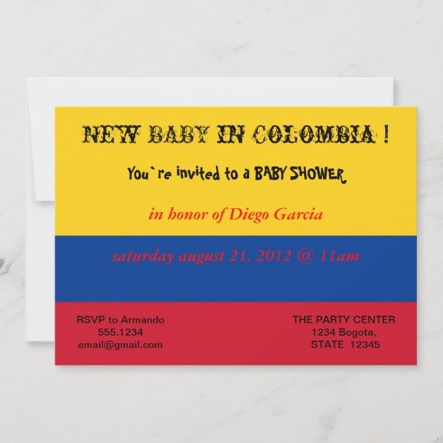 Invitación de Baby Shower con bandera de Colombia (Anverso)