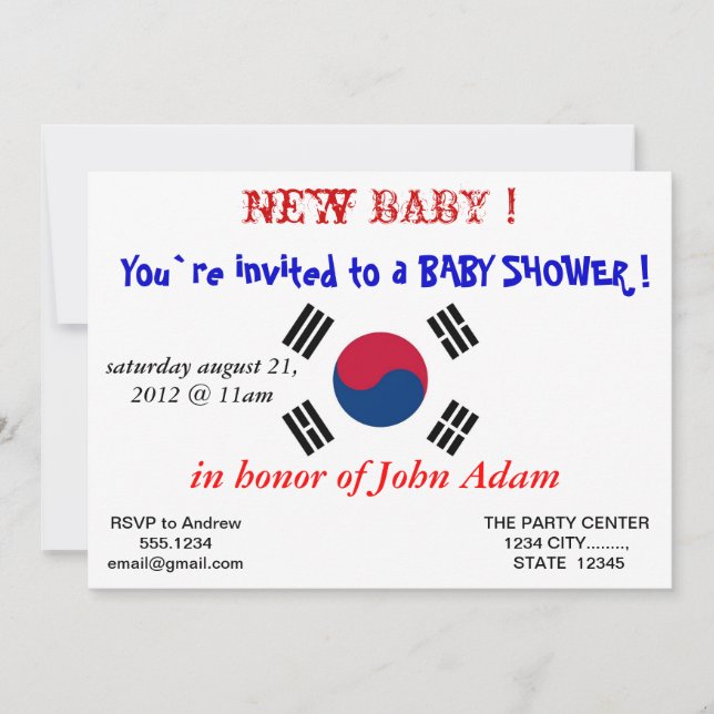 Invitación de Baby Shower con bandera de Corea del (Anverso)