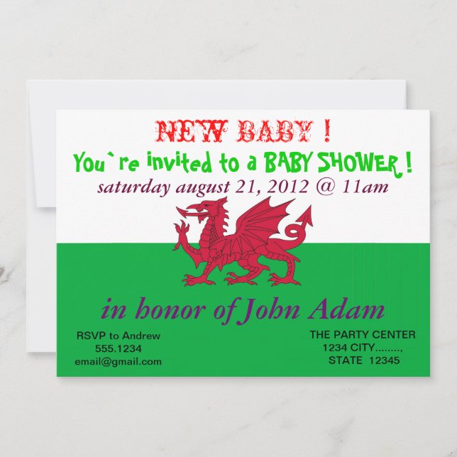 Invitación de Baby Shower con bandera de Gales (Anverso)