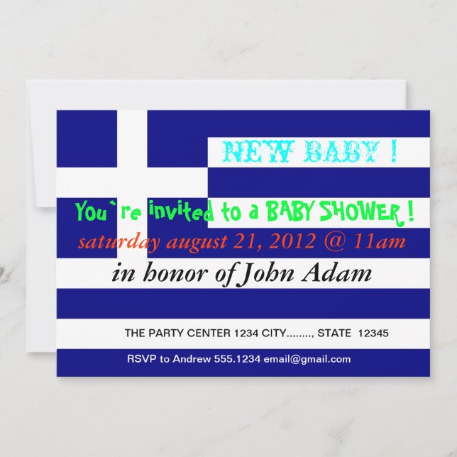 Invitación de Baby Shower con bandera de Grecia (Anverso)
