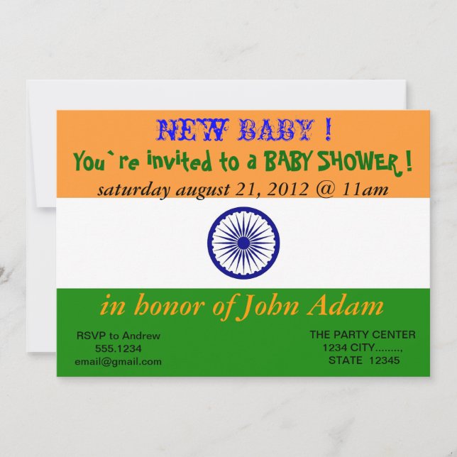 Invitación de Baby Shower con bandera de India (Anverso)