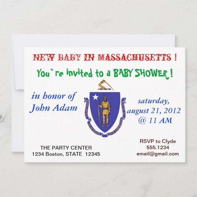 Invitación de Baby Shower con bandera de Massachus (Anverso)