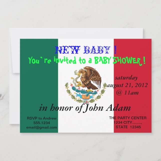 Invitación de Baby Shower con bandera de México (Anverso)