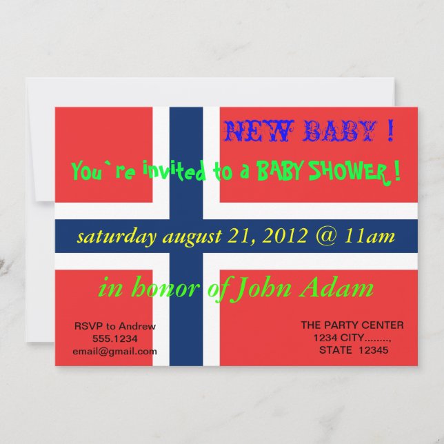 Invitación de Baby Shower con bandera de Noruega (Anverso)