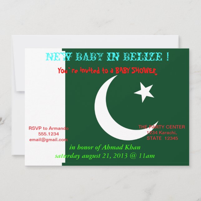 Invitación de Baby Shower con bandera de Pakistán (Anverso)