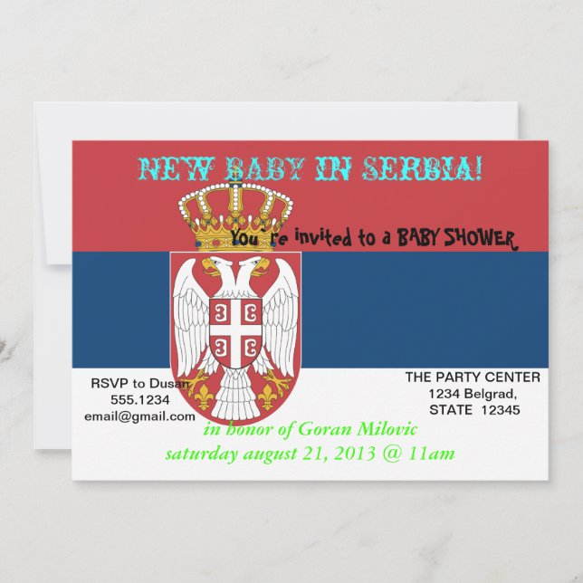 Invitación de Baby Shower con bandera de Serbia (Anverso)