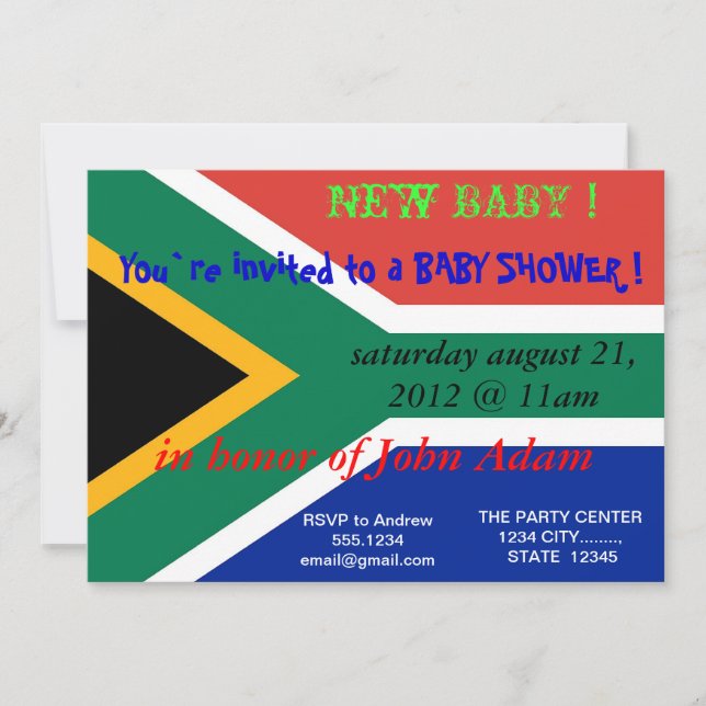 Invitación de Baby Shower con bandera de Sudáfrica (Anverso)