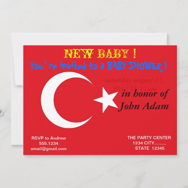 Invitación de Baby Shower con bandera de Turquía (Anverso)