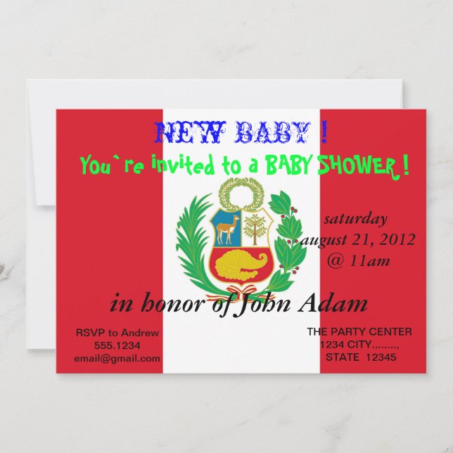 Invitación de Baby Shower con bandera del Perú (Anverso)