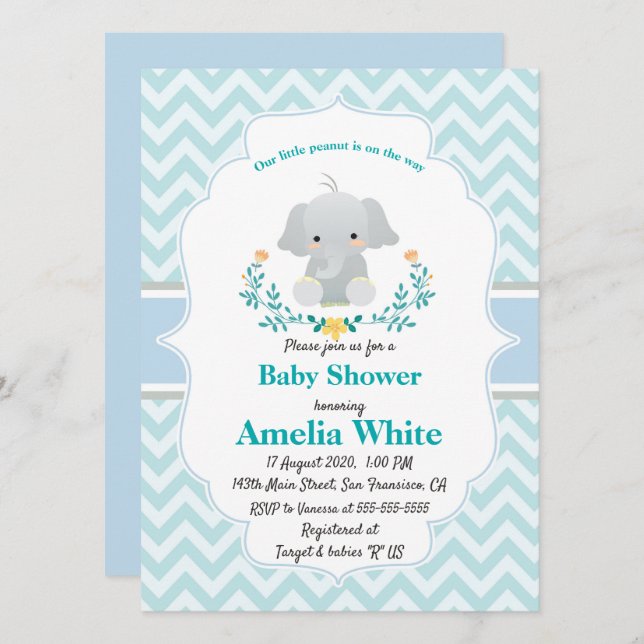 Invitación de baby shower con bebé elefante (Anverso / Reverso)