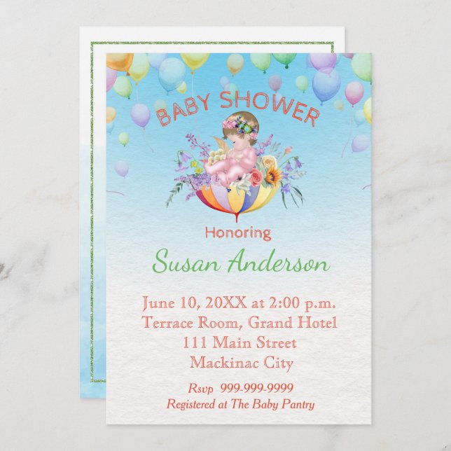 Invitación de Baby Shower con bebé en el paraguas (Anverso / Reverso)