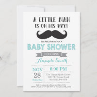 Invitación de Baby Shower con Bigote Aqua y Gris