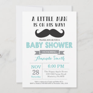 Invitación de Baby Shower con Bigote Aqua y Gris