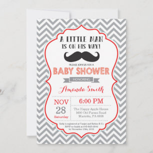 Invitación de Baby Shower con Bigote Rojo y Gris