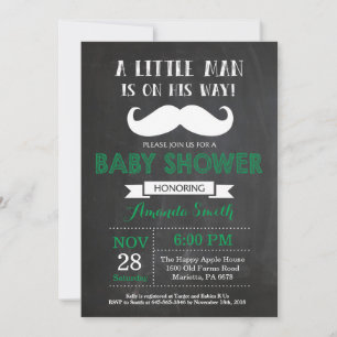 Invitación de Baby Shower con Bigote Verde y Gris