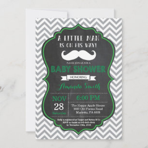 Invitación de Baby Shower con Bigote Verde y Gris