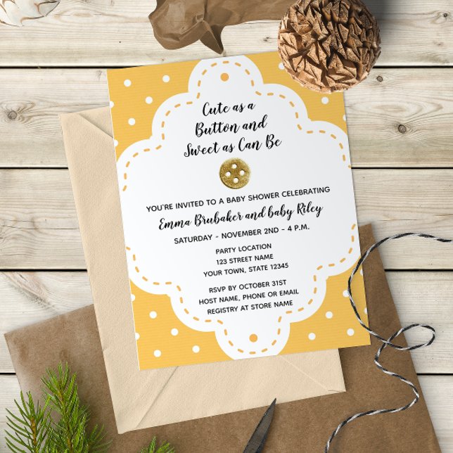 Invitación de Baby Shower con botón amarillo (Subido por el creador)