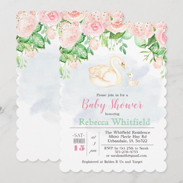 Invitación de Baby Shower con Brillo Floral Cisne  (Anverso / Reverso)