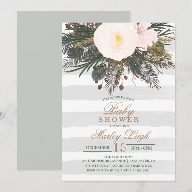Invitación de Baby Shower con Brillo Floral de Inv (Anverso / Reverso)