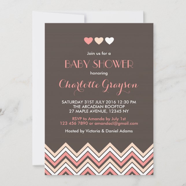 Invitación de baby shower con chevron gris y rosa (Anverso)