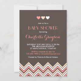Invitación de baby shower con chevron gris y rosa