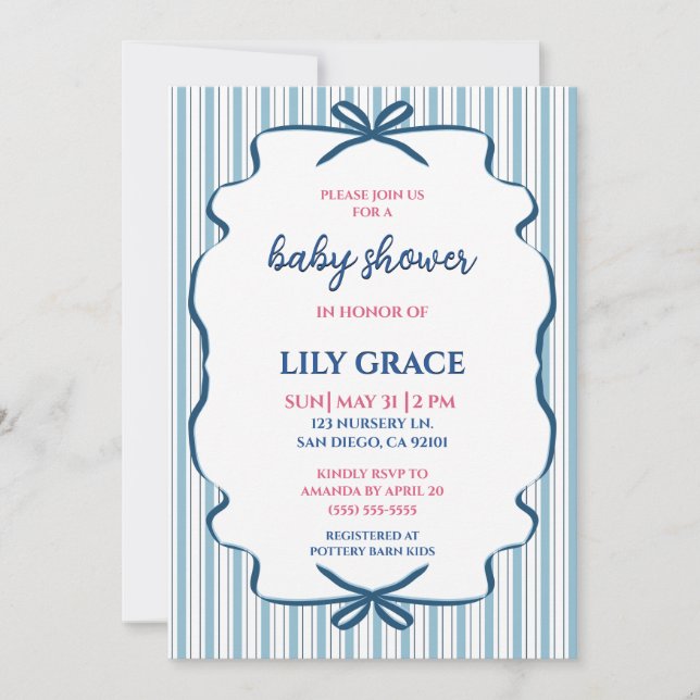 Invitación de baby shower con cinta a rayas encant (Anverso)