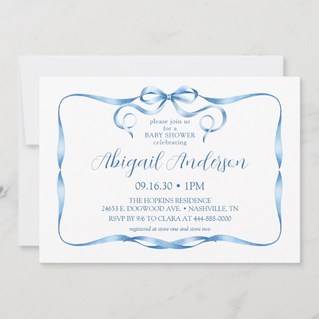Invitación de baby shower con cinta de acuarela az (Anverso)