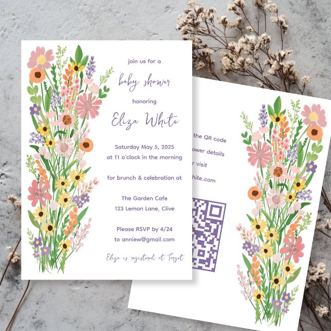 Invitación de Baby Shower con código QR personaliz (Wildflowers Handpainted Custom QR code Baby Shower Invitation
)