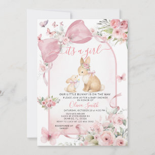 Invitación de baby shower con conejo floral rosa y