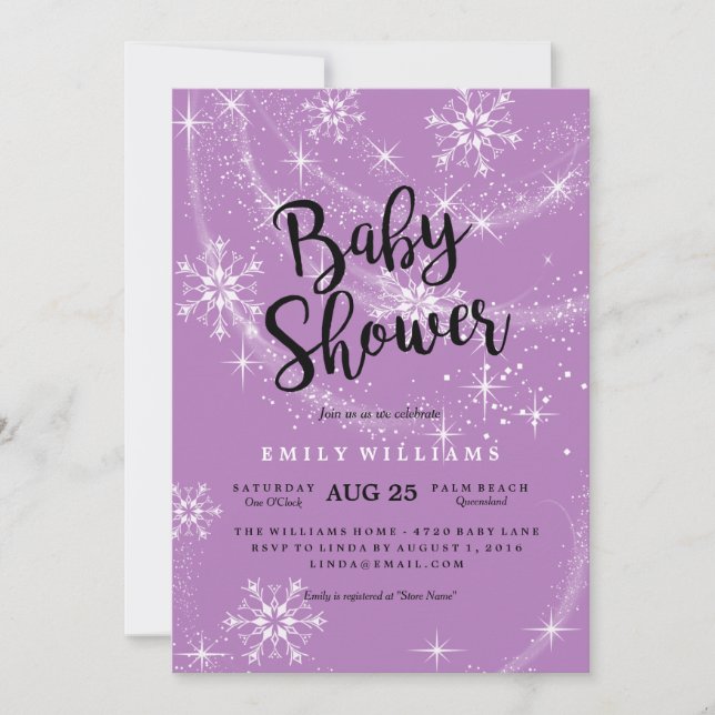 Invitación de Baby Shower con copo de nieve púrpur (Anverso)