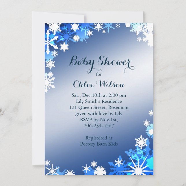 Invitación de Baby Shower con copos de nieve en az (Anverso)