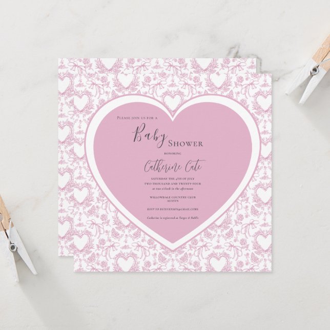 Invitación de baby shower con corazón caprichoso d (Anverso/Reverso In Situ)