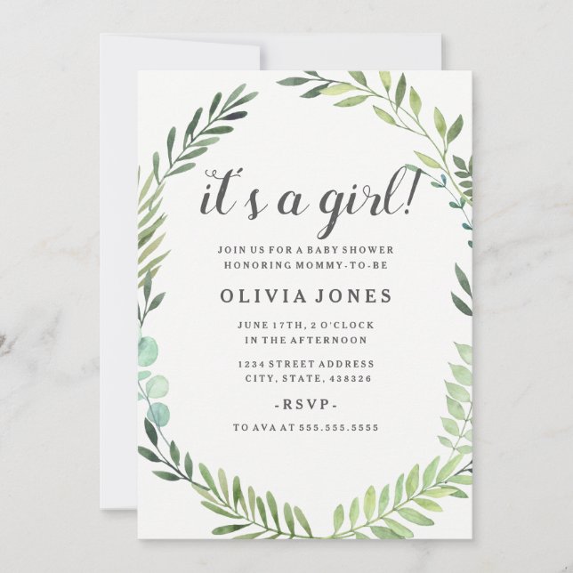 Invitación de baby shower con corona boho verde bo (Anverso)