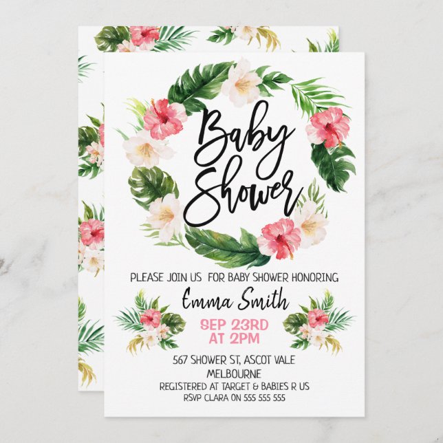 Invitación de Baby Shower con Corona Floral Tropic (Anverso / Reverso)
